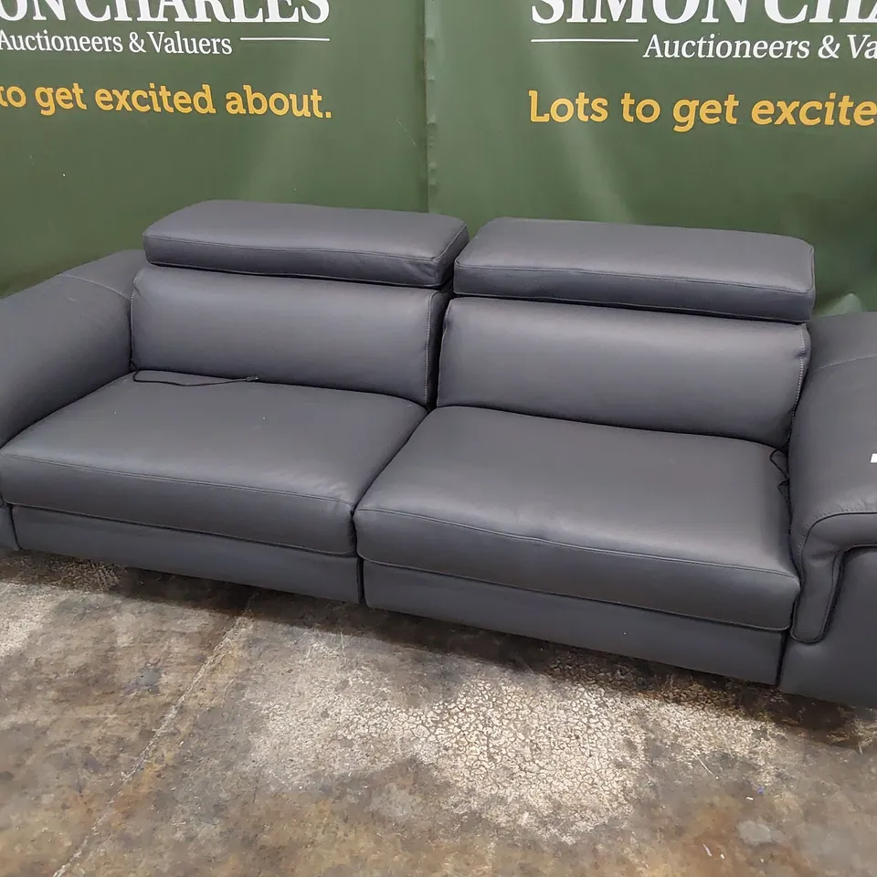 QUALITY ITALIAN DESIGNER POWELL POWER RECLINING THREE SEATER SOFA WITH ADJUSTABLE HEADRESTS GREY LEATHER