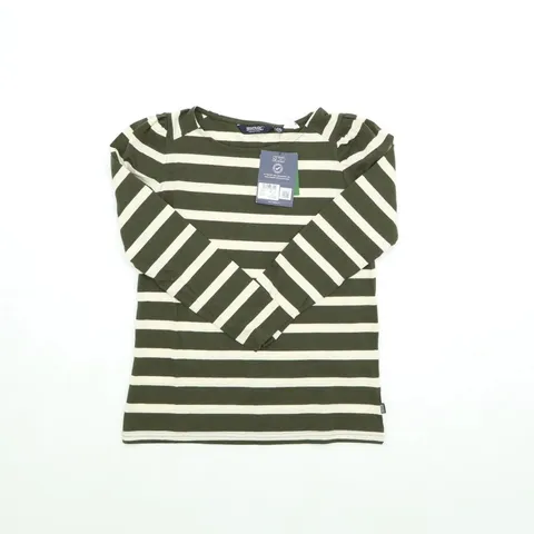 REGATTA WOMENS FEDERICA STRIPED LONG SLEEVE T-SHIRT DARK KHAKI  / VANILLA  - UK SIZE 10