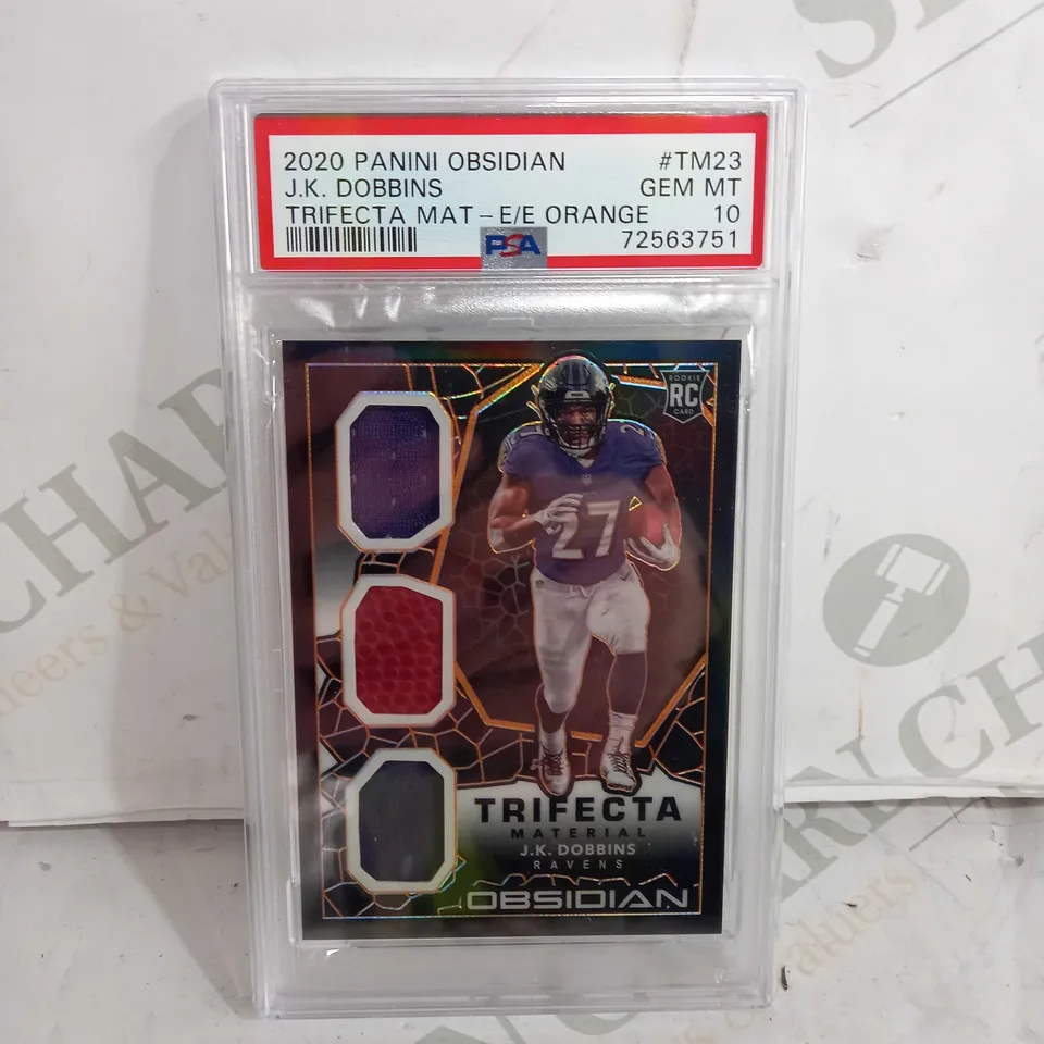PSA 2020 PANINI OBSIDIAN J.K. DOBBINS TRIFECTA MAT - E/E ORANGE 10