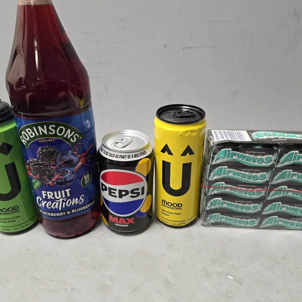 APPROXIMATELY 10 ASSORTED FOOD & DRINK ITEMS TO INCLUDE - PEPSI MAX MANGO, AIRWAVES BLACK MINT , ROBINSONS FRUIT CREATIONS ETC