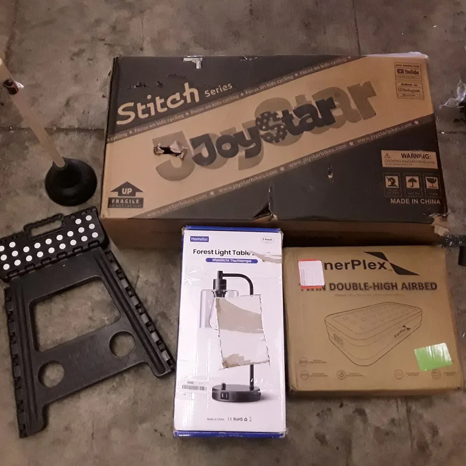 PALLET OF ASSORTED PRODUCTS INCLUDING FOLDABLE STOOL, FOREST LIGHT TABLE, DOUBLE AIR BED, KIDS BIKE, PLUNGER, OFFICE CHAIR