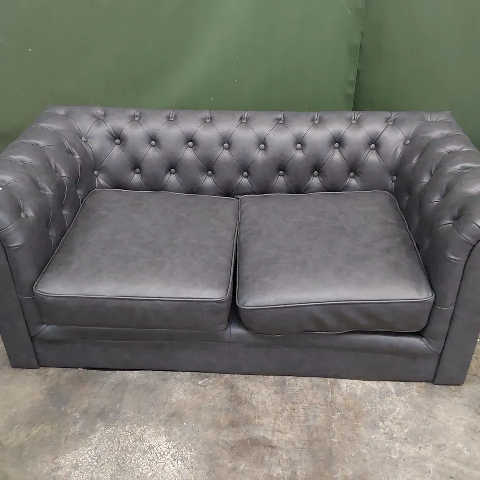 DESIGNER TWO SEATER CHESTERFIELD SOFA CHARCOAL LEATHER 
