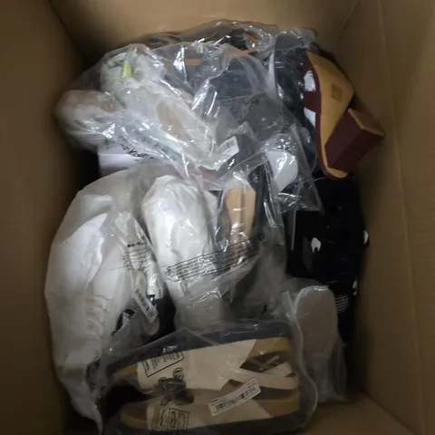 BOX OF APPROXIMATELY 12 PAIRS OF UNBOXED ASSORTED SHOES IN VARIOUS COLOUR, STYLES AND SIZES