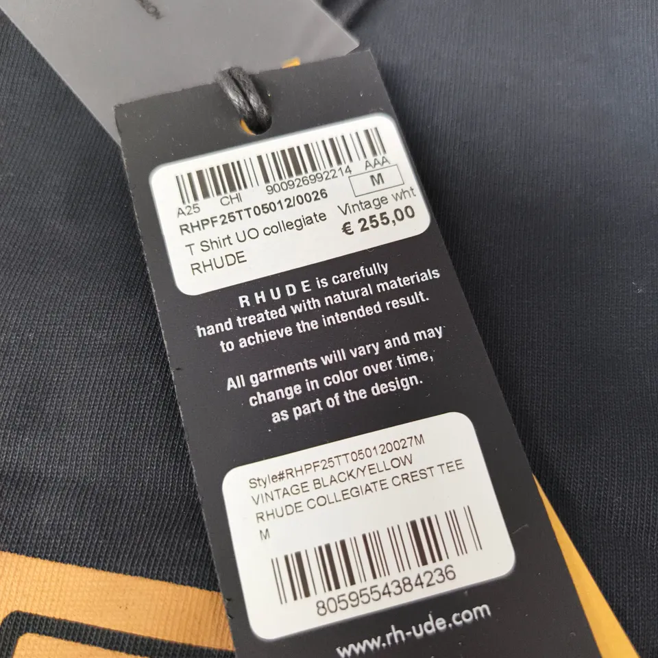 RHUDE COLLEGIATE CREST TEE – VINTAGE BLACK/YELLOW, UK M