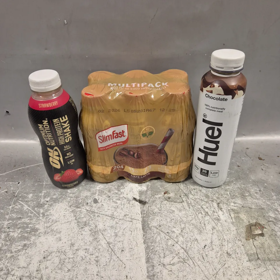 APPROXIMATELY 15 ASSORTED DRINK PRODUCTS TO INCLUDE HUEL, SLIMFAST & PROTEIN SHAKE 