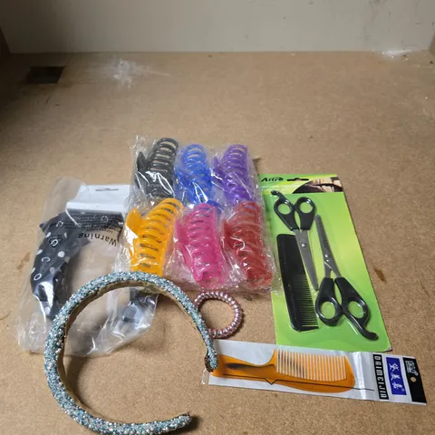 APPROXIMATELY 15 ASSORTED HAIR CARE PRODUCTS TO INCLUDE HEADBAND, SCISSOR SET, HAIR CLIPS ETC