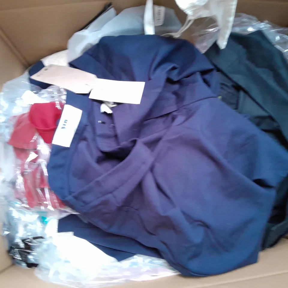 BOX OF APPROXIMATELY 25 ASSORTED CLOTHING ITEMS TO INCLUDE DRESSES, TIGHTS, SHIRTS, ETC