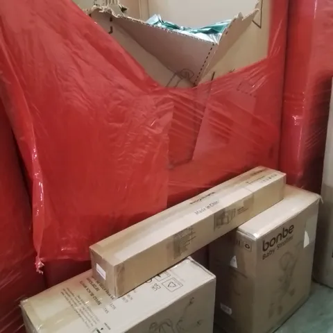 PALLET OF ASSORTED HOUSEHOLD GOODS AND PRODUCTS TO INCLUDE;OFFICE CHAIR,BABY STROLLER,PLAYPEN 