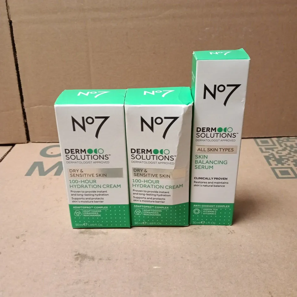 3 X NO7 DERMO SOLUTIONS ITEMS: 2 X 100 HOUR HYDRATION CREAM 50ML + SKIN BALANCING SERUM 30ML