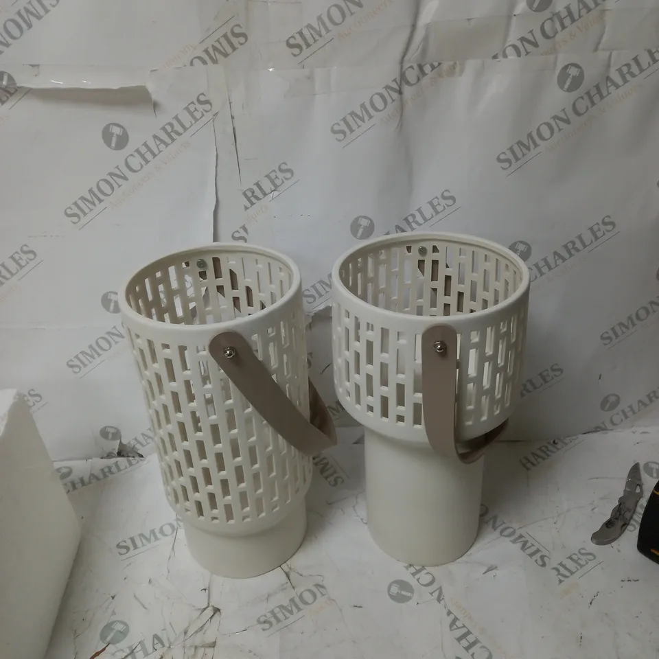 BOXED KELLY HOPKINS SET OF 2 CERAMIC LANTERNS WHITE