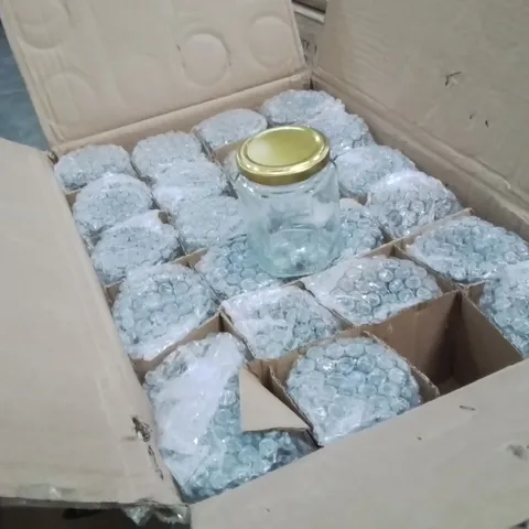 BOX CONTAINING LARGE AMOUNT OF SMALL GLASS JARS [APPROXIMATELY 48]