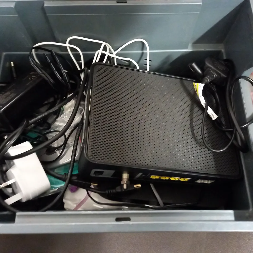 LOT OF ASSORTED TECH ITEMS TO INCLUDE SKY ROUTERS, CABLES AND VARIOUS REMOTES
