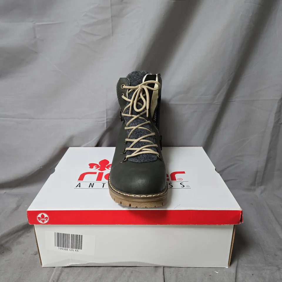 RIEKER ANTISTRESS HIKING BOOTS – OLIVE GREEN LEATHER & WOOL KNIT, UK 6