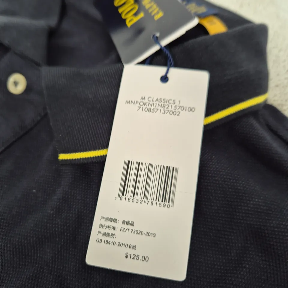POLO RALPH LAUREN POLO SHIRT – NAVY WITH YELLOW SLEEVES, CUSTOM SLIM FIT, UK S (BACK '3' DESIGN)