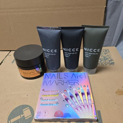 TOTE OF APPROXIMATELY 20 ASSORTED COSMETIC ITEMS TO INCLUDE NICCE BODY WASH, NAILS ART MARKER, SPA OF THE WORLD BODY SCRUB ETC