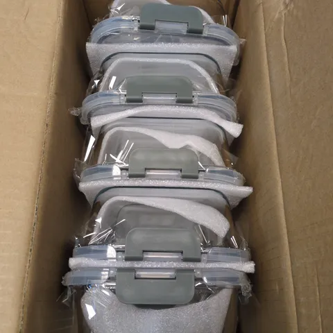 SET OF SIX TRANSPARENT GLASS TUPPERWARE CONTAINERS WITH GREY CLIP-LOCK LIDS