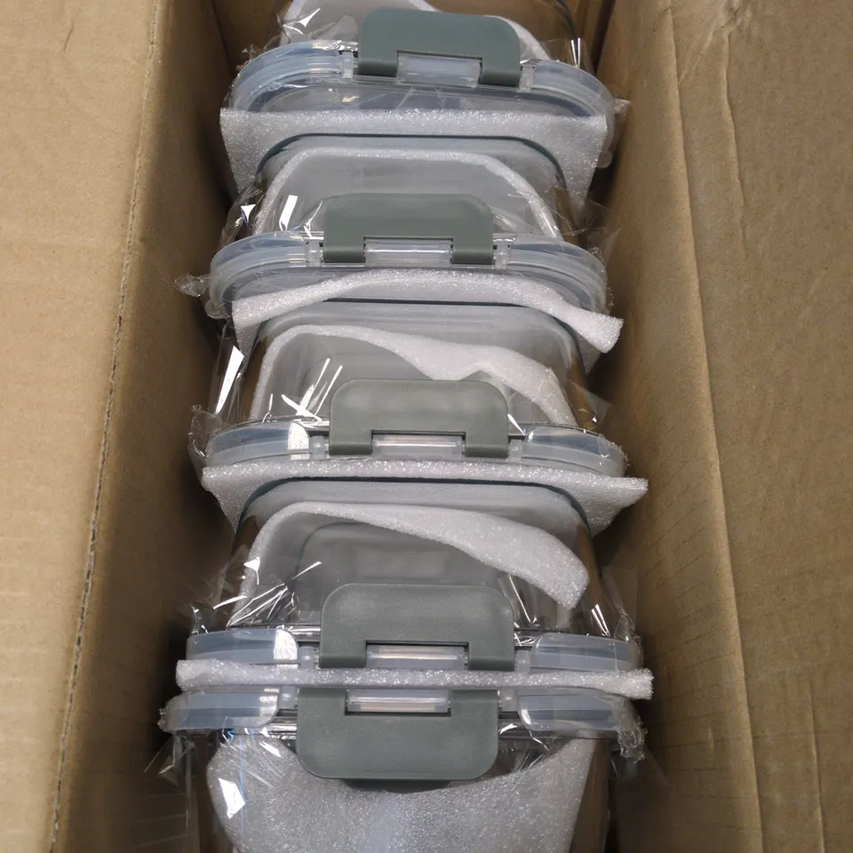 SET OF SIX TRANSPARENT GLASS TUPPERWARE CONTAINERS WITH GREY CLIP-LOCK LIDS