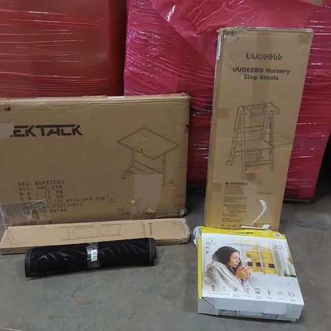 PALLET OF ASSORTED ITEMS INCLUDING: DESK, NURSERY STEP STOOLS, BAMBOO TOWEL RACK, HEATED THROW, MAT ECT