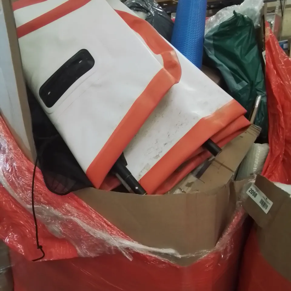 PALLET OF ASSORTED ITEMS TO INCLUDE, INFLATABLE PADDLE BOARD, PRESSURE COOKER, TENNIS RACKET,  INSECT KILLER, ARTIFICIAL WREATH, STEAM CLEANER, EXCERCISE ROLLER.