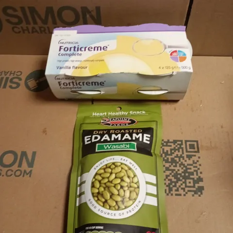 APPROXIMATELY 10 ASSORTED FOOD PRODUCTS TO INCLUDE WASABI PEAS & FORTICREME
