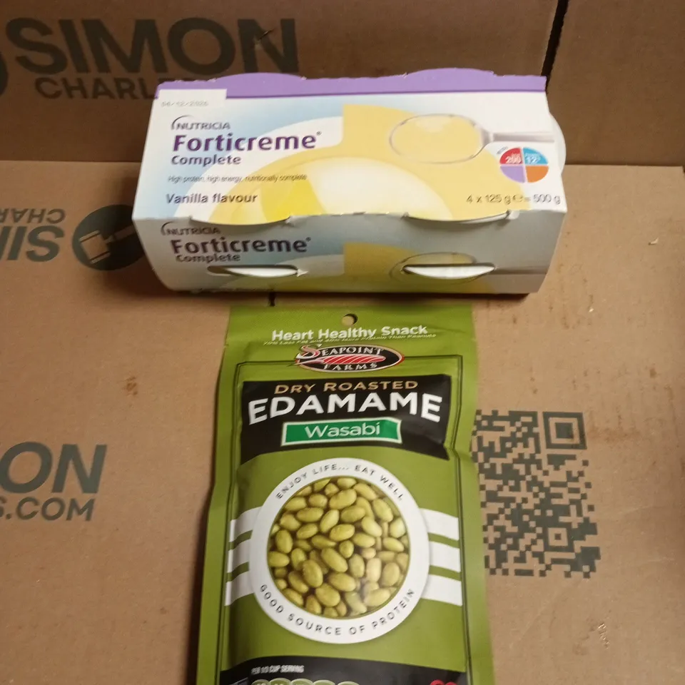 APPROXIMATELY 10 ASSORTED FOOD PRODUCTS TO INCLUDE WASABI PEAS & FORTICREME