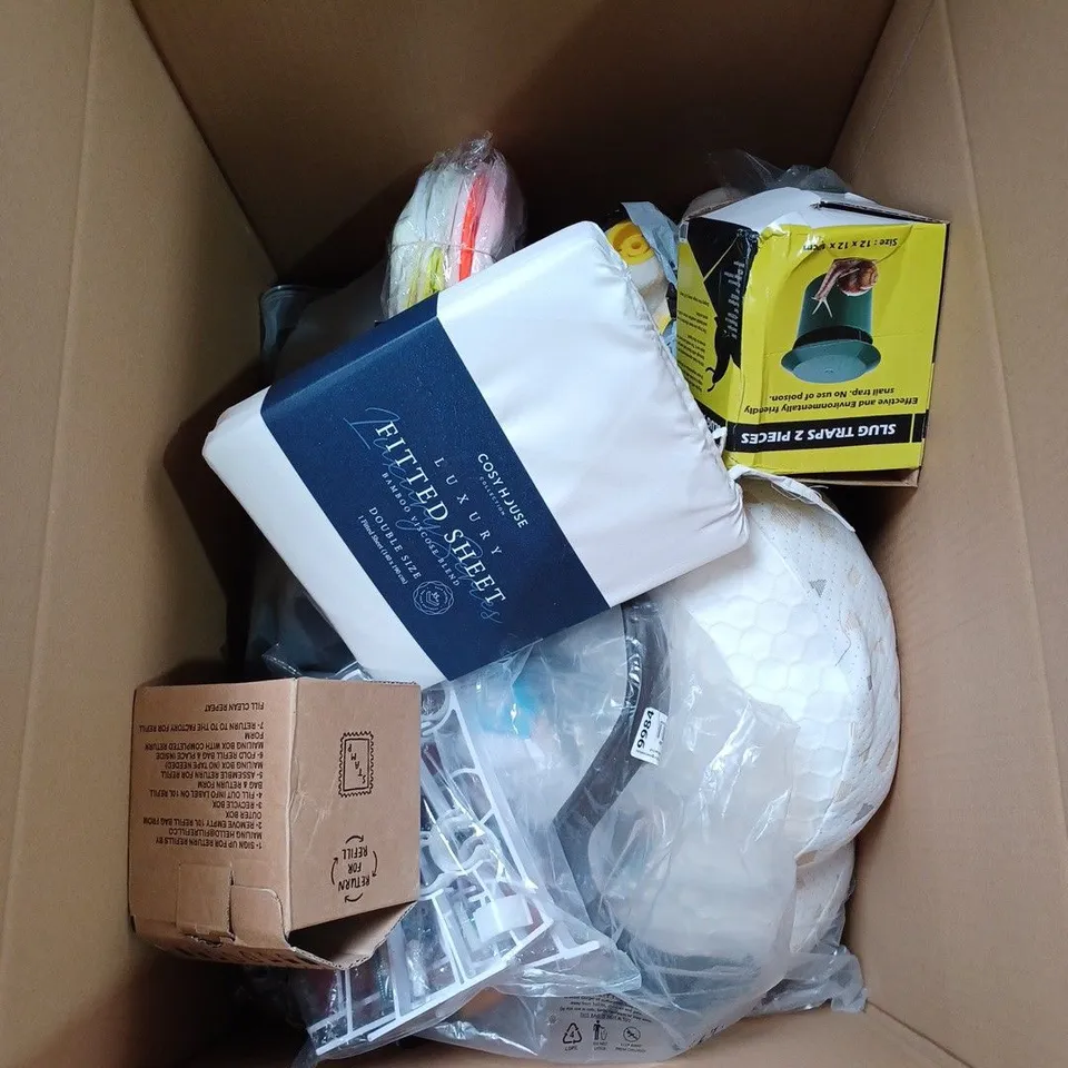BOX TO CONTAIN APPROX. 20 X ASSORTED HOUSEHOLD GOODS, INCLUDES FIRE ALARMS, INK CARTRIDGES, TOOLS, OIL BURNER ETC 