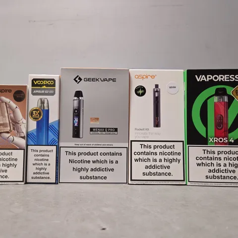 BOX OF APPROXIMATELY 15 ASSORTED E-CIGARETTES TO INCLUDE - GEEK VAPE , VAPORESSO , ASPIRE 