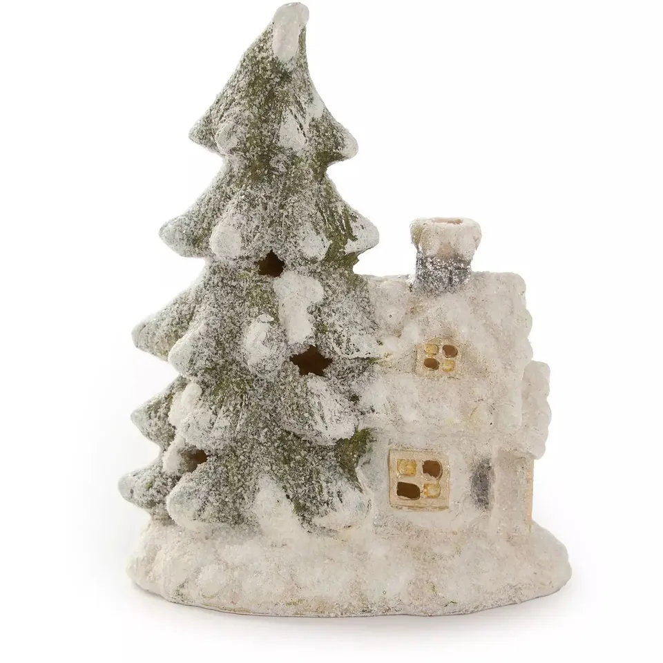 FESTIVE 27 CM LIT SNOWY HOUSE AND TREE CHRISTMAS DECORATION