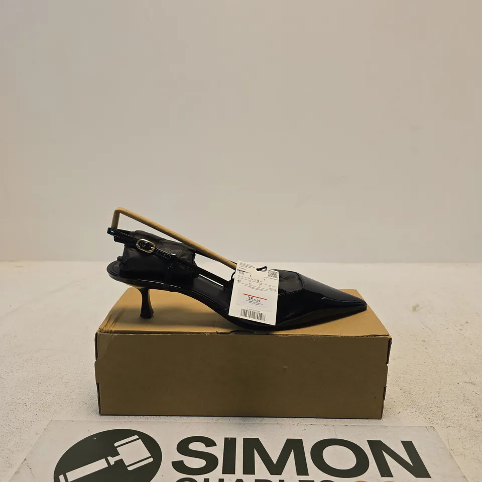 MANGO BLACK PATENT SLINGBACK HEELS, UK 8 (EU 41) – BOXED