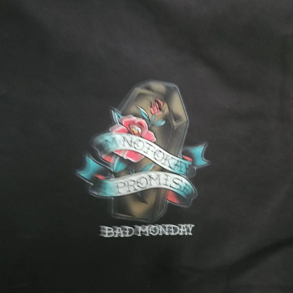 BAD MONDAY T-SHIRT – BLACK WITH COFFIN/ROSE BACK PRINT AND SMALL CHEST LOGO - MEDIUM