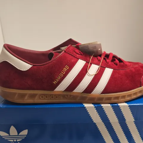 BOXED PAIR OF ADIDAS HAMBURG RED SUEDE SNEAKERS – UK 13 – MEN'S