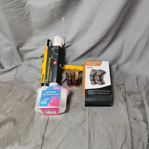 BOX OF APPROXIMATELY 20 ASSORTED ITEMS INCLUDING KNEE SUPPORT, INTERIOR DEHUMIDIFIERS, TELESCOPIC WINDOW CLEANER ETC