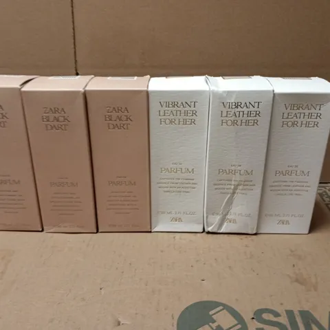 LOT OF 6 BOXED AND SEALED ZARA 80ML EAU DE PARFUMS TO INCLUDE 3X VIBRANT LEATHER FOR HER AND BLACK DART 