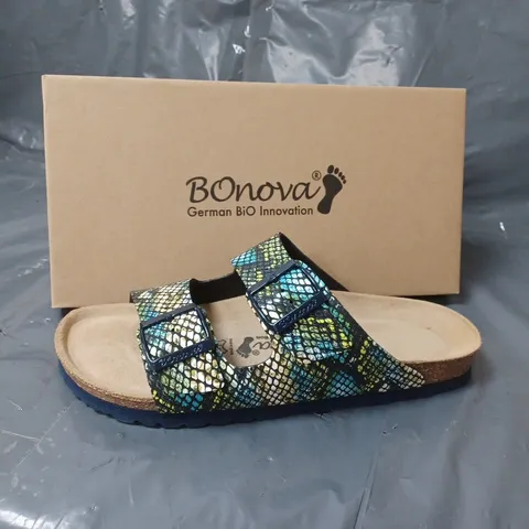 BOXED PAIR OF BONOVA SANDALS COLOURFUL SNAKE PRINT DESIGN SIZE 7 UK