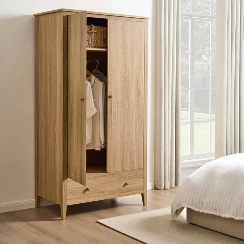 BOXED DUSK NELL 2 DOOR WARDROBE WITH DRAWER - LIGHT WOOD (2 BOXES)