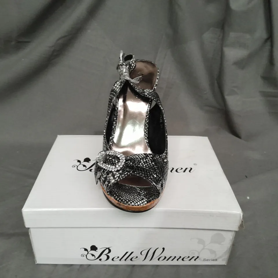 APPROXIMATELY 5 BOXED PAIRS OF SNAKE PATTERN OPEN TOE HIGH HEELS 