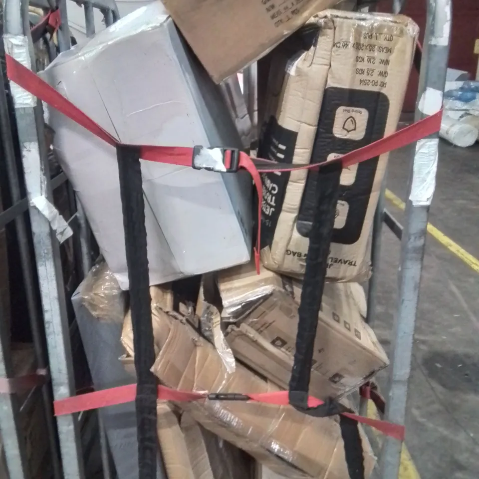 Cage containing various assorted items to include camping wagon, children's car seat, suitcase etc...