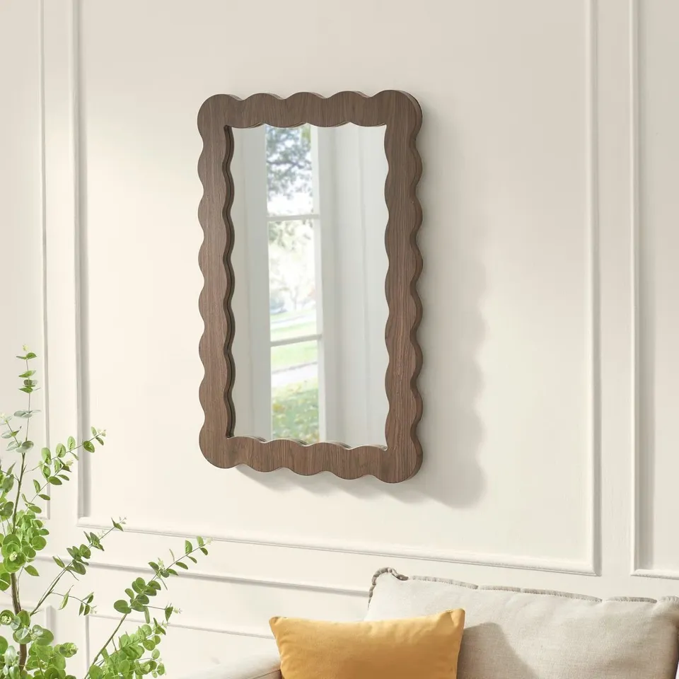 BOXED DEAYSHA ABSTRACT WALNUT WOODEN RECTANGLE WALL MIRROR (1 BOX)