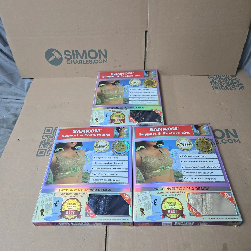 3 X ASSORTED SANKOM SUPPORT AND POSTURE BRA MEDIUM/LARGE