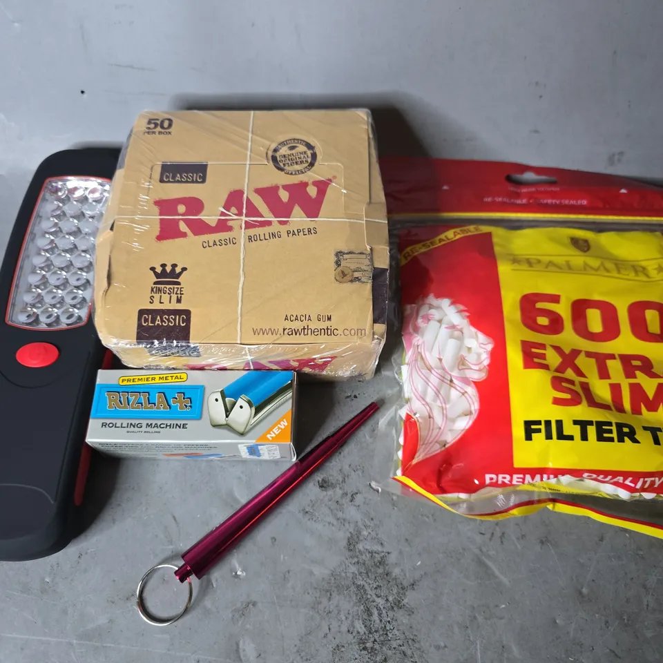 APPROXIMATELY 6 ASSORTED ITEMS TO INCLUDE - 6000 EXTRA SLIM FILTER TIPS , LIGHT , ROLLING MACHINE ETC
