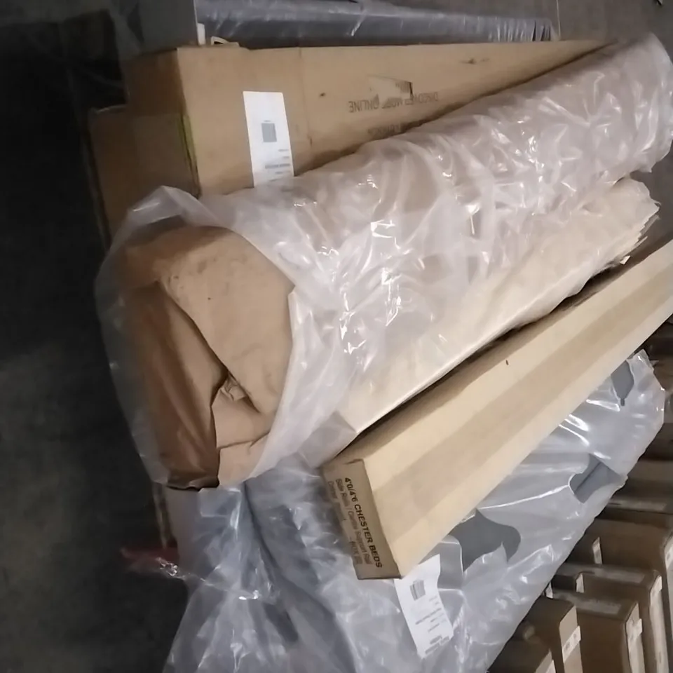 PALLET OF ASSORTED FURNITURE PARTS INCLUDING FABIO VELVET CHARCOAL DOUBLE BED PARTS, CHESTER BED PARTS, GREENWICH WIDE TV UNIT BOXED