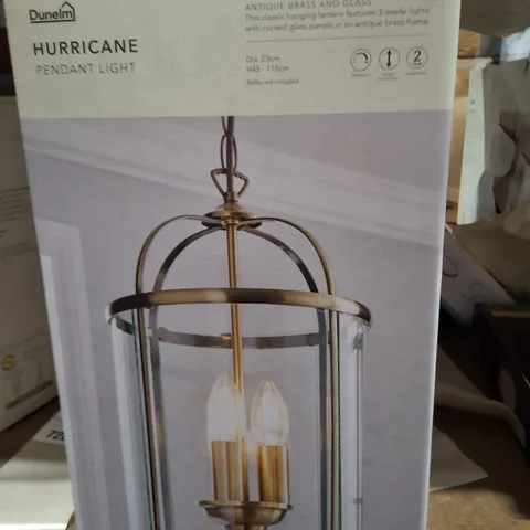 BOXED DUNELM HURRICANE PENDANT LIGHT – ANTIQUE BRASS & GLASS