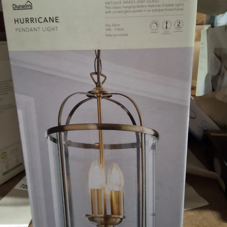BOXED DUNELM HURRICANE PENDANT LIGHT – ANTIQUE BRASS & GLASS