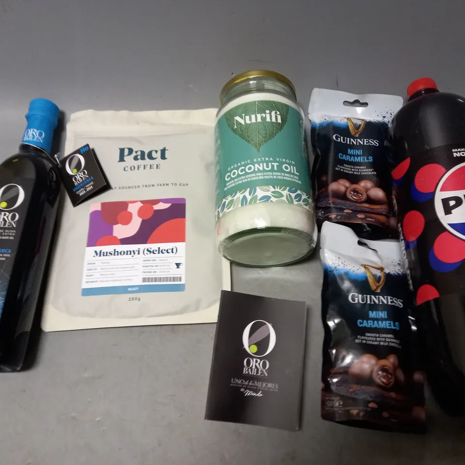 LOT OF APPROXMATELY 6 ITEMS TO INCLUDE  -  PEPSI MAX CHERRY, NURIFI COCONUT OIL, AND ORO BAILEN EXTRA VIRGIN OLIVE OIL ETC. 