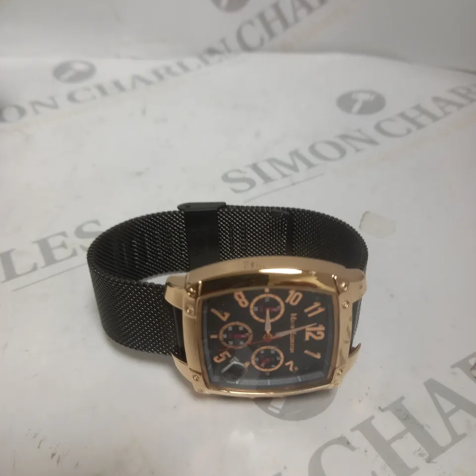 BOXED MANN EGERTON IMPACT ROSE BLACK DIAL MESH STRAP WATCH 