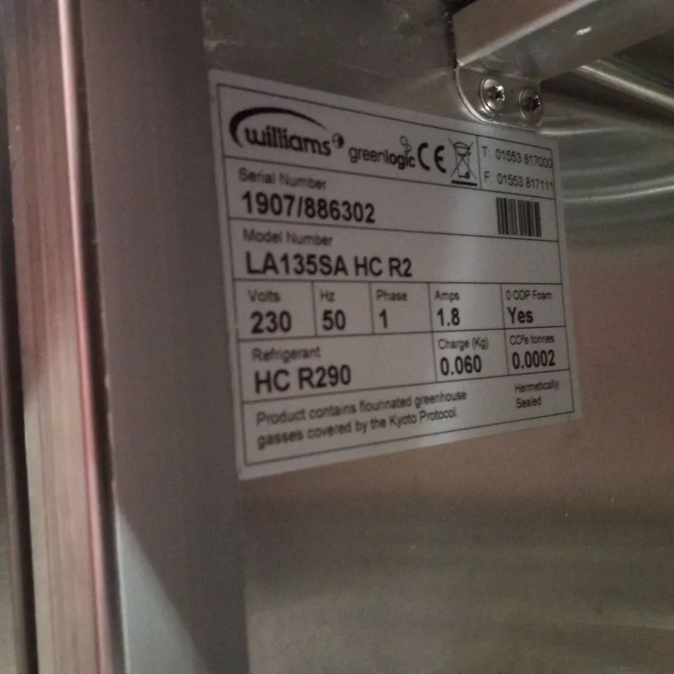 WILLIAMS LA135SA AMBER UNDERCOUNTER FREEZER - 135LTR