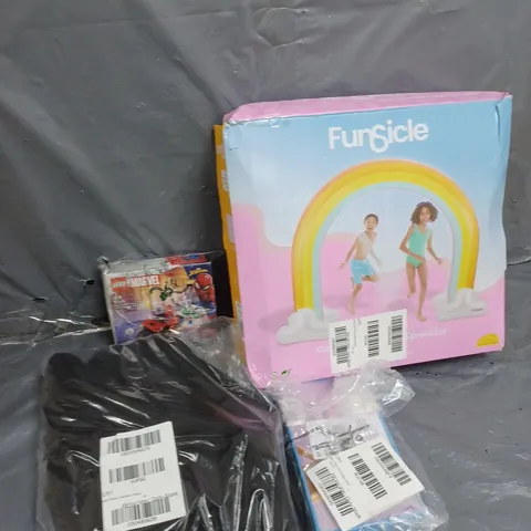 MEDIUM BOX OF APPROX 5 ITEMS TO INCLUDE LEGO, CLOTHING ITEMS AND INFLATABLE WATER SPRINKLER