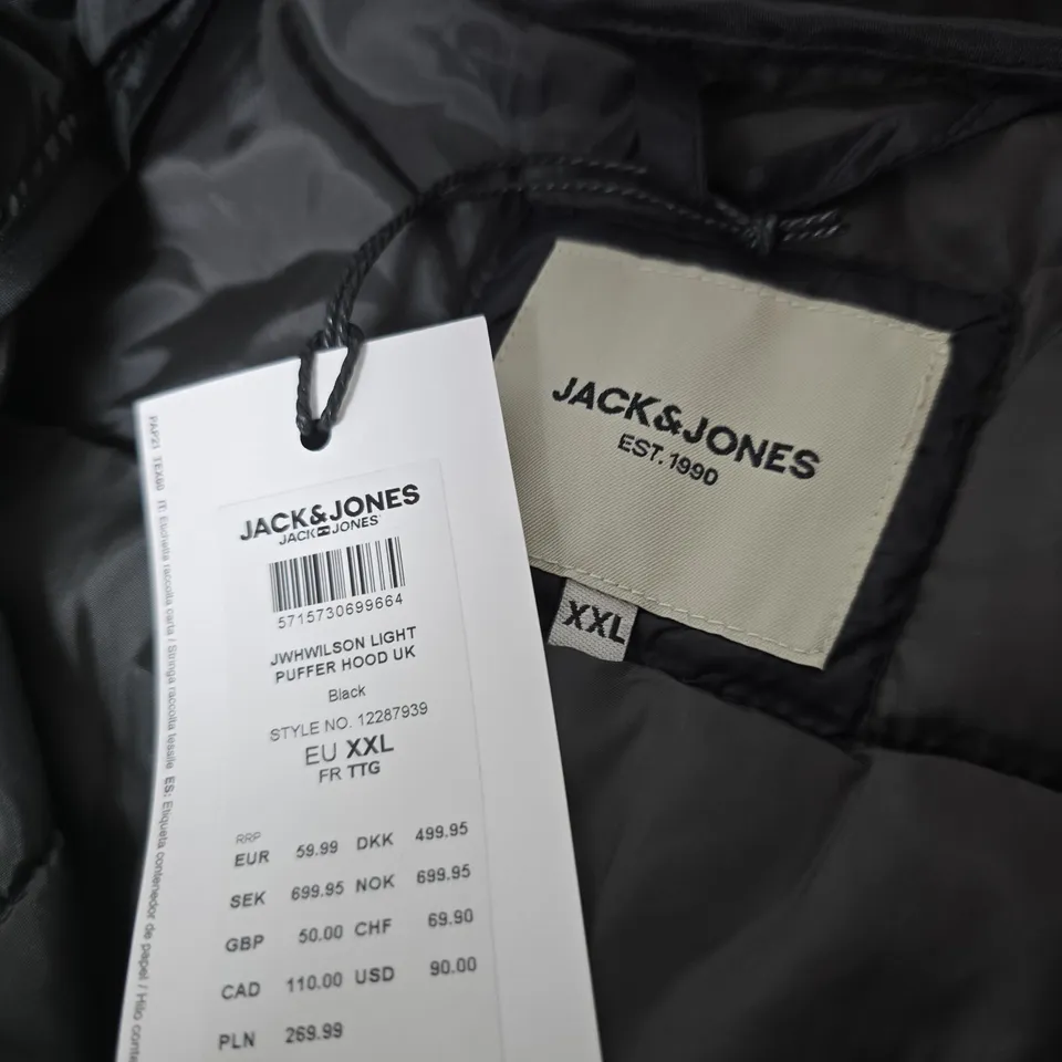 JACK & JONES MEN'S PUFFER HOODED JACKET – BLACK, UK XXL