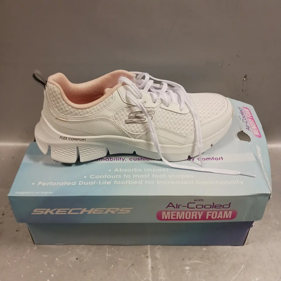 BOXED PAIR OF SKECHERS MEMORY FOAM WHITE TRAINERS - 6