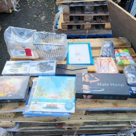 PALLET OF 16 MEDIUM BOXES OF A SIGNIFICANT QUANTITY OF ASSORTED ITEMS TO INCLUDE DINO PARADISE PLESIOSAUR KIT, MULTICOL8RED FLOWER 1000 PIECE PUZZLE, RECHOO LASTING HYDRA MATTE LIP GLOSS, ETC